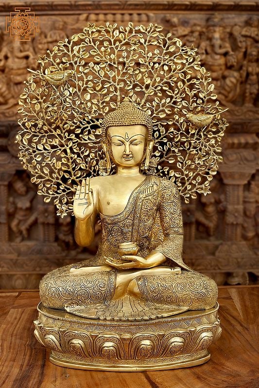 19" Seated Shut-Eyed Buddha Afore A Bodhi Tree Aureole In Brass | Handmade | Made In India