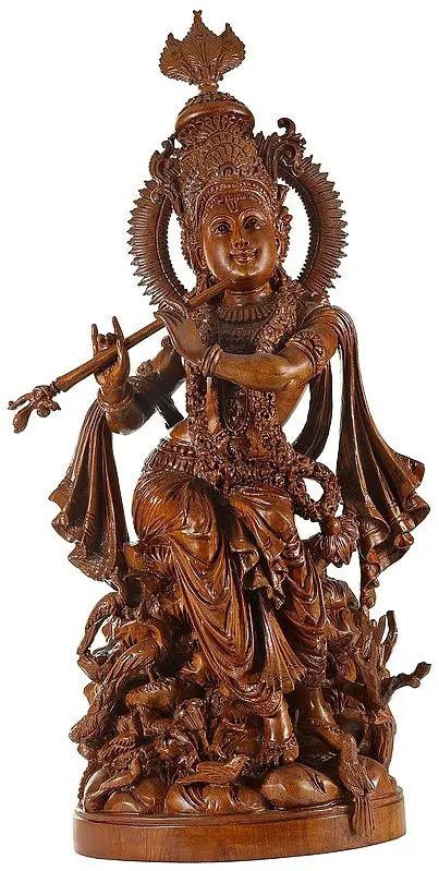 23" Intricately Carved Image Of Seated Lord Krishna in Teakwood | Handmade | Made In South India