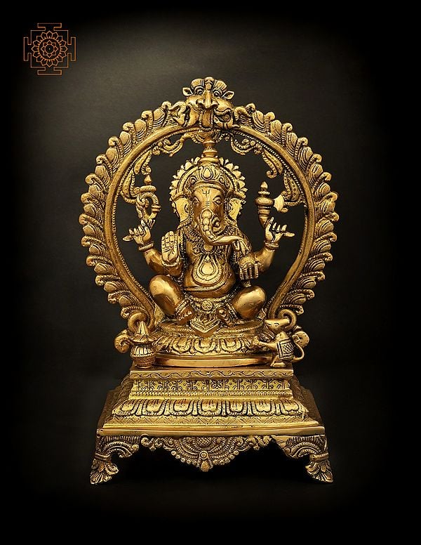 13" Four Armed Lord Ganesha Seated on Throne In Brass | Handmade | Made In India