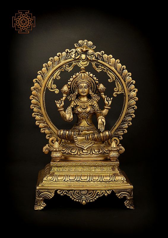 13" Chaturbhujadharini Devi Lakshmi Seated On A High Plinth In Brass | Handmade | Made In India