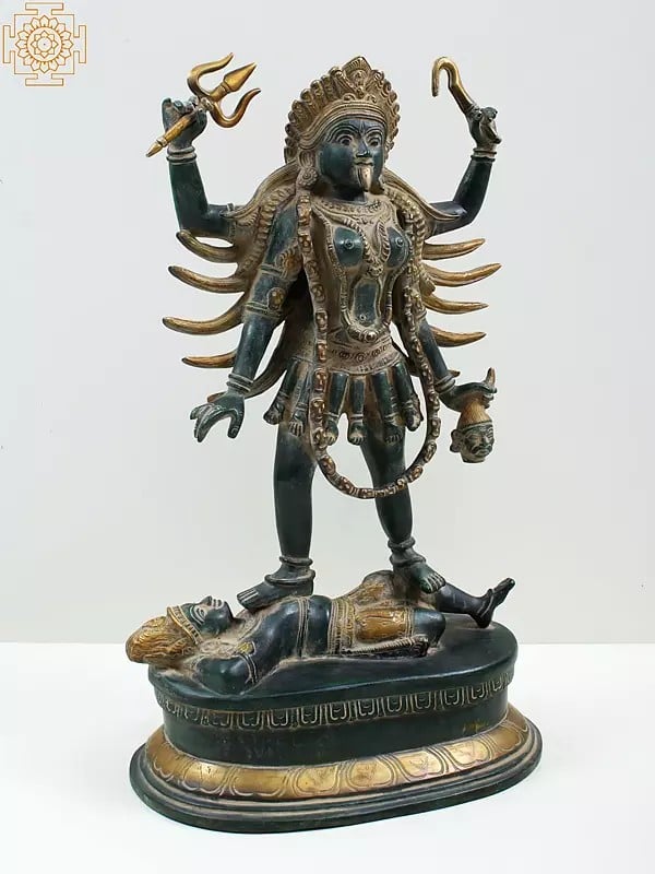 Vintage Brass Dancing Kali with 4 Arms in Flaming Nimbus - India