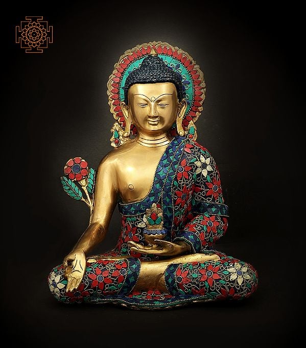 12" Tibetan Buddhist Finely Inlaid Medicine Buddha Idol | Handmade Brass Statue