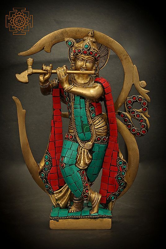6" Krishna Playing Flute Against The Backdrop of OM In Brass | Handmade | Made In India