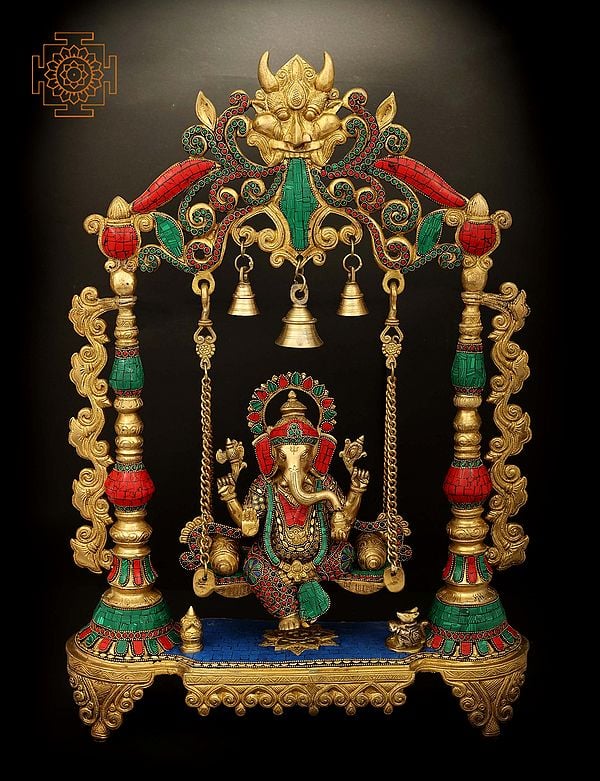 18" Swinging Lord Ganesha With Fine Inlay Stone Work In Brass | Handmade | Made In India