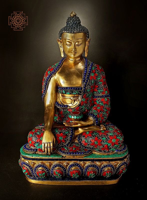 16" Bhumisparsha Lord Buddha With Excellent Inlay Work In Brass | Handmade | Made In India