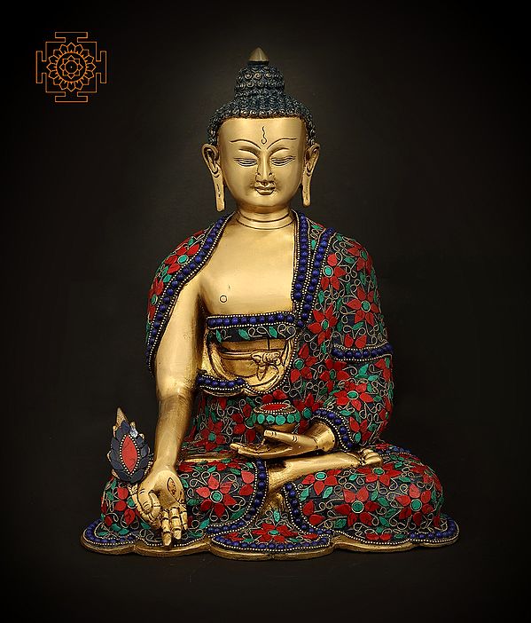 10" Medicine Lord Buddha in Dhyan Mudra With Inlay Work In Brass | Handmade | Made In India