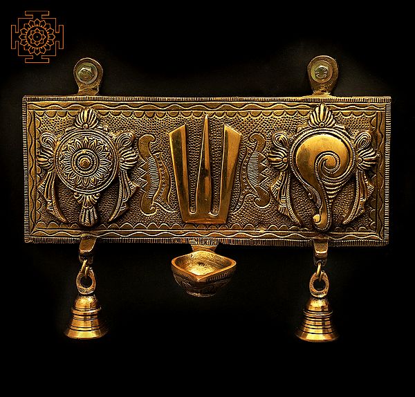 10" Three Vaishnava Symbols Wick with Bell Wall Hanging In Brass | Handmade | Made In India