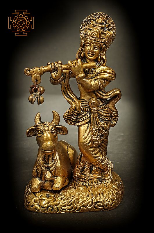 5" Lord Krishna Playing Flute With Holy Cow In Brass | Handmade | Made In India