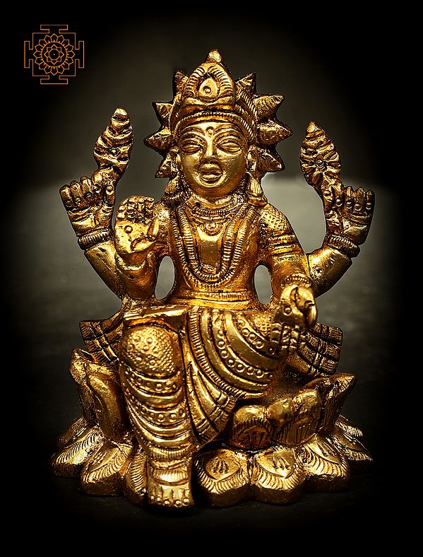2" Four-Armed Goddess Lakshmi Idol Seated on Lotus in Brass | Handmade | Made in India