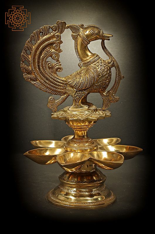 6" Peacock Oil Lamp with Seven Wick in Brass | Handmade | Made in India