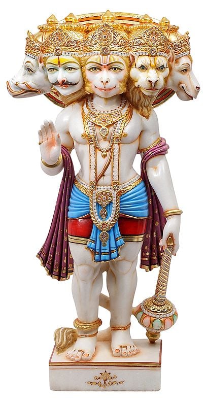 37" The Pristine Lord Panchamukha Hanuman (Superfine) | White Marble | Handmade | Made In India