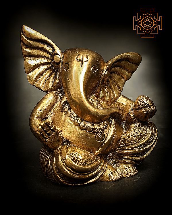 3" Small Ganesha Statue with Stylized Trunk and Ears in Brass | Handmade | Made in India