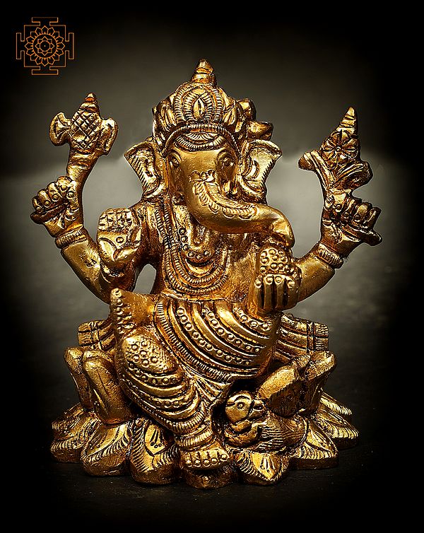 2" Small Size Bhagawan Ganesha Brass Statue Seated on Lotus | Handmade | Made in India