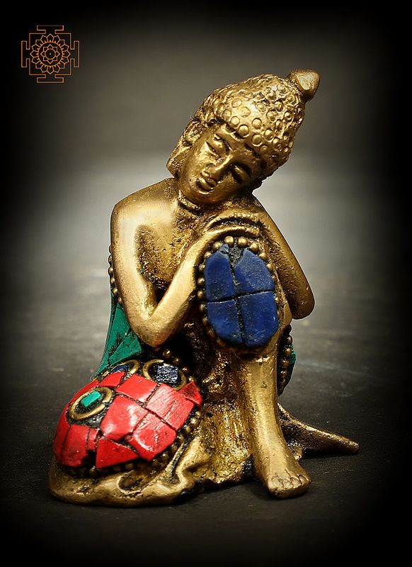 Small 2" Thinking Lord Buddha With Inlay Work In Brass | Handmade | Made In India