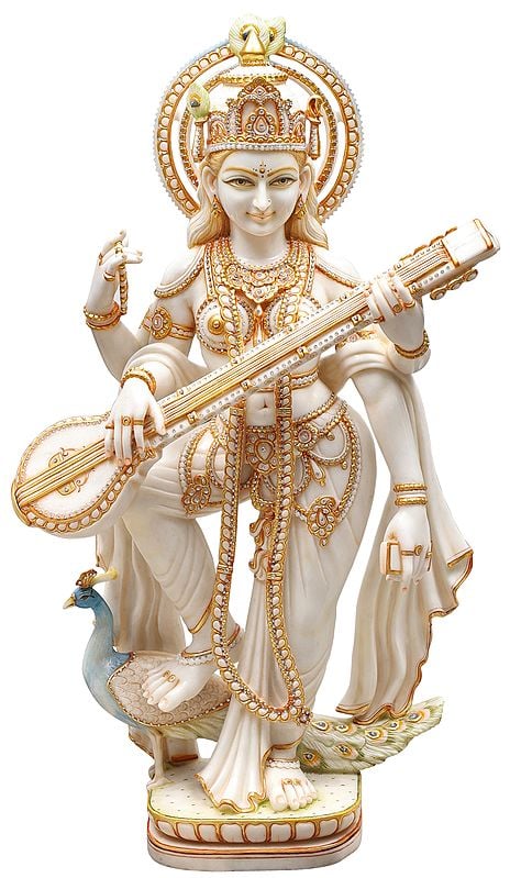 39" Gold Embellished Goddess Saraswati on Her Vahana | White Marble | Handmade | Made In India