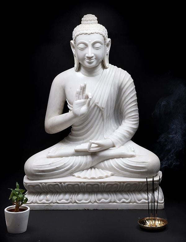 36" Large Tibetan Buddha Teaching of Dharma In White Marble | Handmade