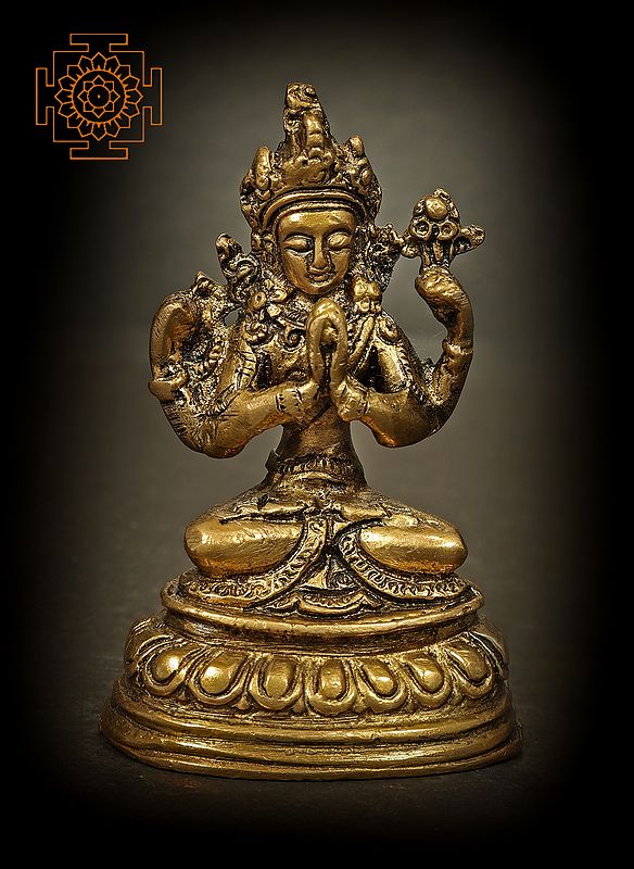 Small 3" Chenrezig Statue (Shadakshari Lokeshvara) in Brass | Handmade | Made in India