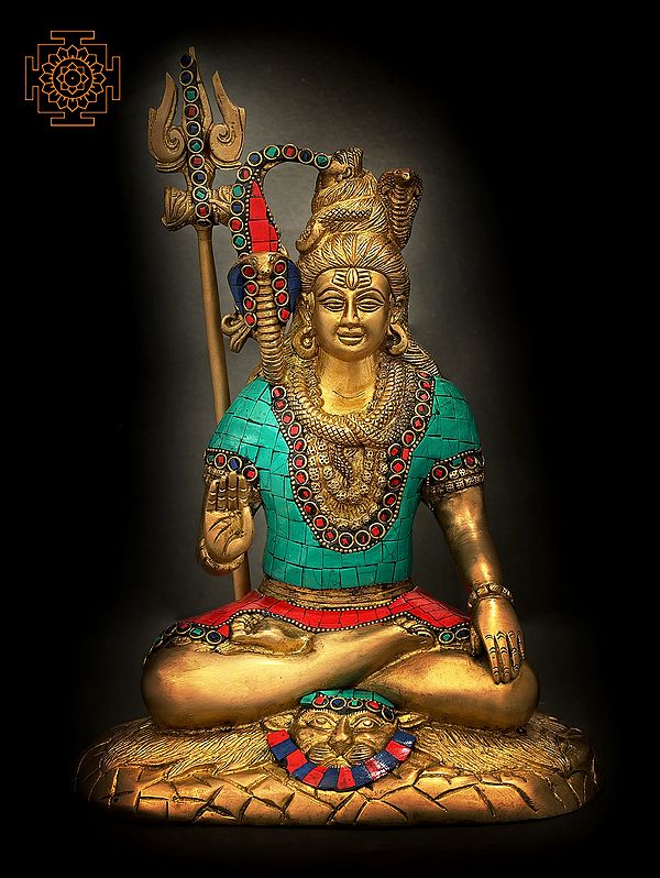 12" Shiva in Spiritual Bliss (Inlay Stone Work) In Brass | Handmade | Made In India