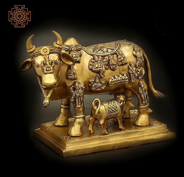 10" Holy Mother Cow with Her Calf in Brass | Handmade | Made in India