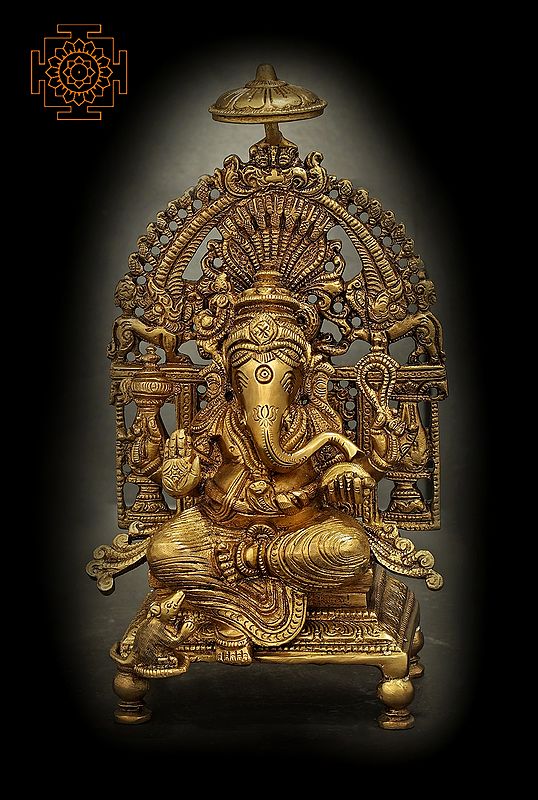 5" Auspicious Lord Ganesha Seated on Majestic Throne | Handmade Brass Statue | Made in India