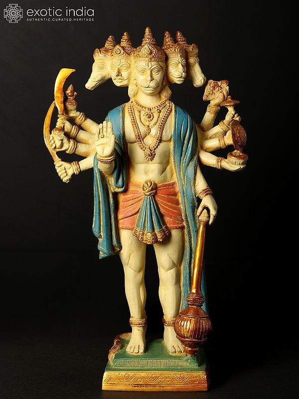 14" Brass Standing Panchamukhi Hanuman Idol with Ten Arms | Handmade | Made in India