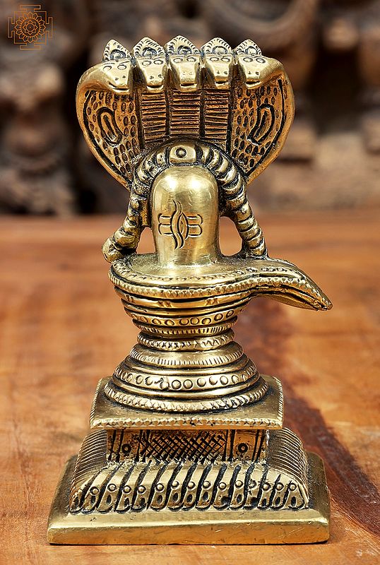 4" Shiva Linga with Five Hooded Crowning Serpent in Brass | Handmade | Made in India