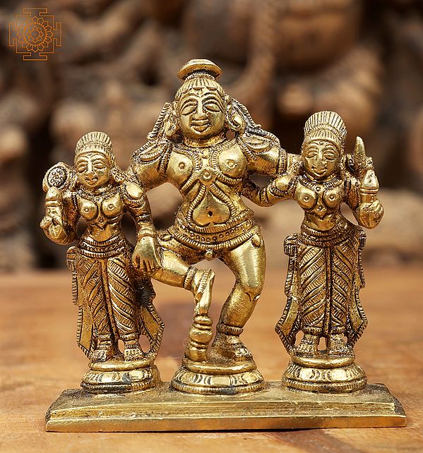 3" Lord Krishna Idol with Rukmini and Satyabhama in Brass | Handmade | Made in India
