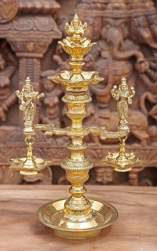 17" Ganesha-Lakshmi-Saraswati Lamp With A Sturdy, Engraved Stem In Brass | Handmade | Made In India