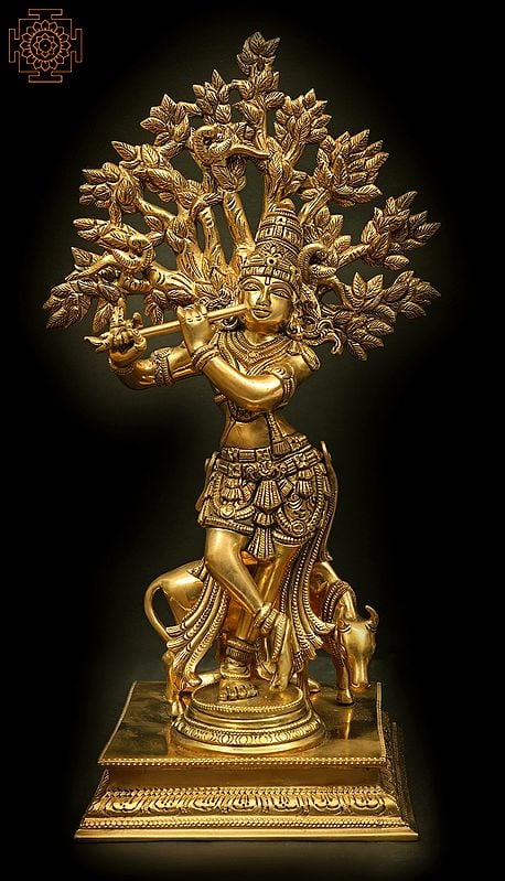 14" Fine Krishna in Tribhanga Fluting Under a Magnificent Tree In Brass | Handmade | Made In India