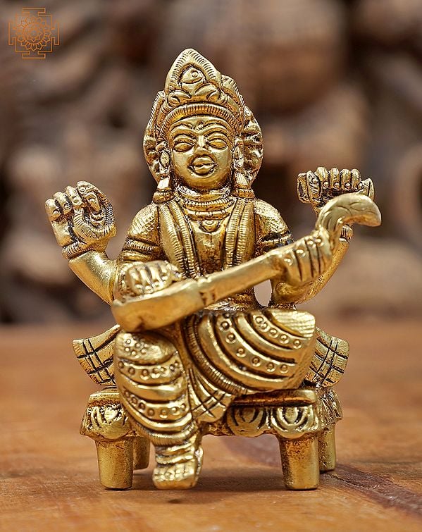 3" Devi Saraswati Seated on Chowki - Small Size Statue in Brass | Handmade