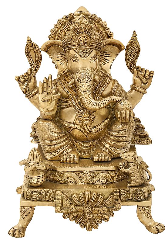 13" Lord Ganesha Seated on Throne In Brass | Handmade | Made In India