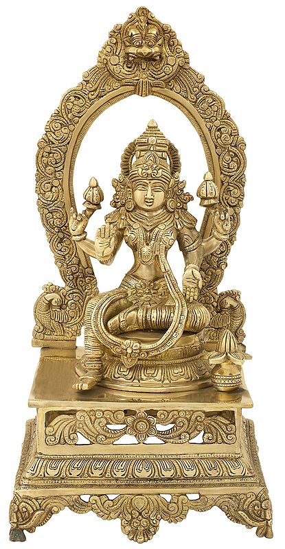 20" Lalitasana Lakshmi, Flanked By Peacocks, With The Poojana Kalasha At Her Feet In Brass | Handmade | Made In India