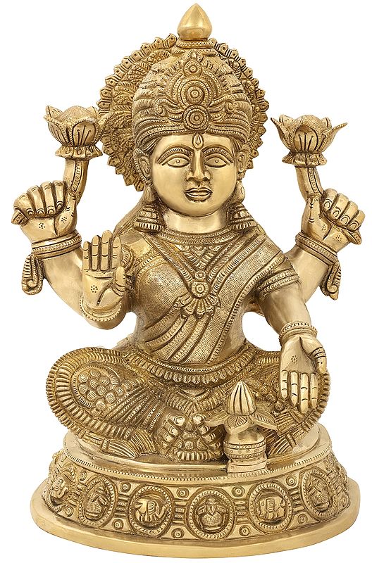 14" Vidya Lakshmi on a Unique Elephant and Kalash Pedestal In Brass | Handmade | Made In India