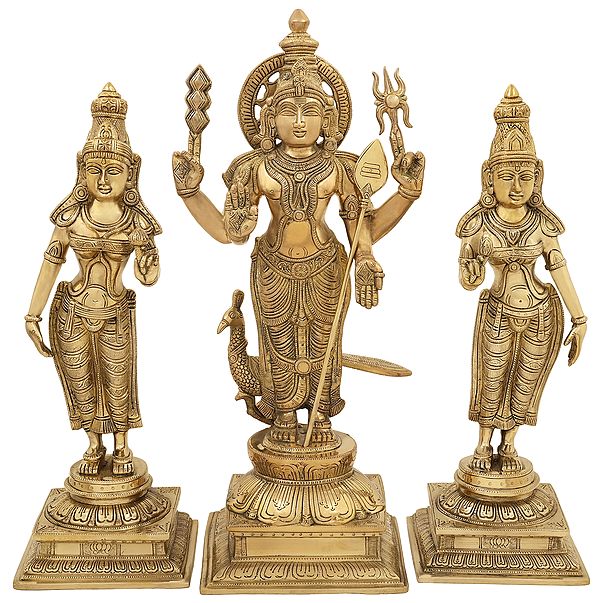 19" The Trinity Of Murugana-Devasena-Valli In Brass | Handmade | Made In India