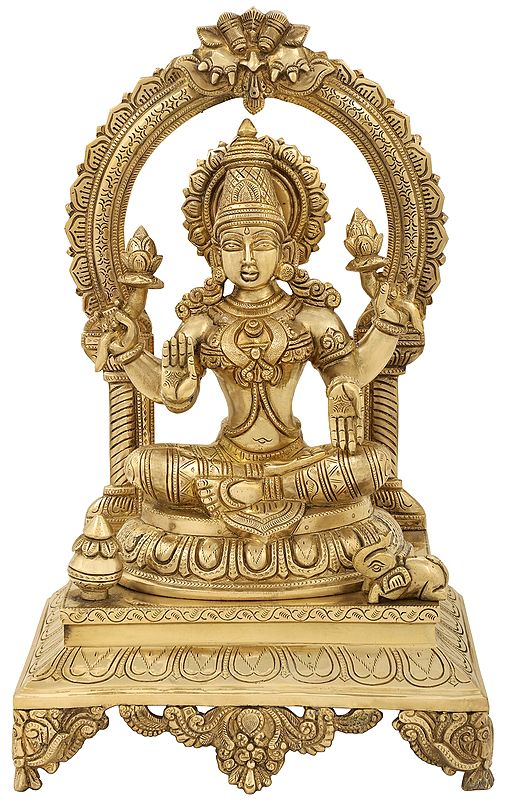 17" Devi Lakshmi Seated On Kirtimukha Prabhawali Throne In Brass | Handmade | Made In India