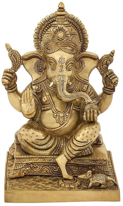 11" Four Armed Auspicious Blessing Ganesha In Brass | Handmade | Made In India