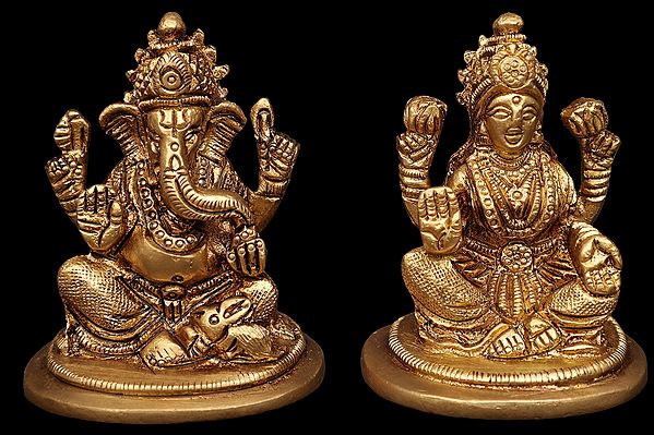 2" Auspicious Lakshmi Ganesha Pair Idol in Brass | Handmade | Made in India