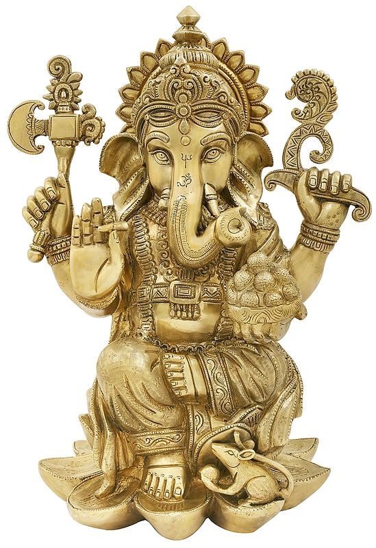 16" Lotus Enthroned Ganesha in His Innocent Avatar | Ganesha Brass Statue | Handmade | Made In India