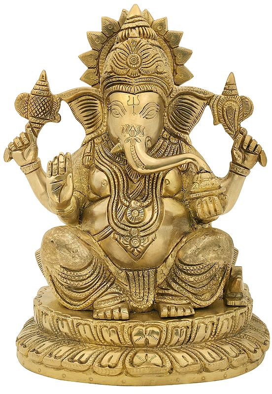 9" Lord Ganesha in Abhaya Mudra while Eating Modak In Brass | Handmade | Made In India