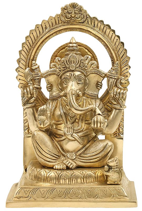 9" Lord Ganesha in Abhaya Mudra On Kirtimukha Throne In Brass | Handmade | Made In India