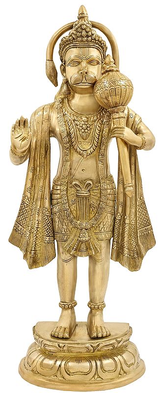 27" Superfine Standing Hanuman with The Tail in an Aureole In Brass | Handmade | Made In India
