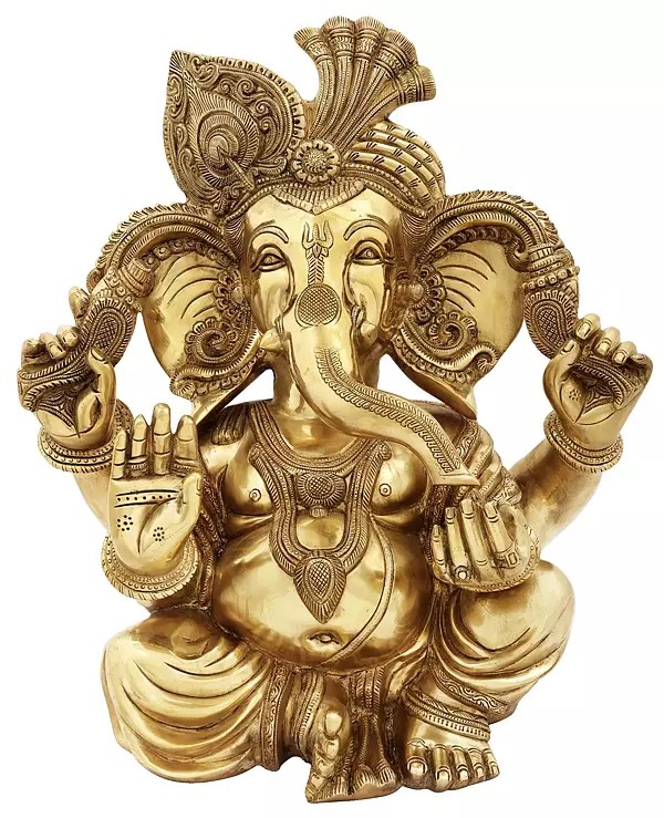 18" Seated Turbaned Lord Ganesha In Brass | Indian Handcrafted Idol