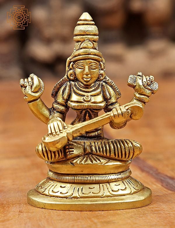 3" Goddess Saraswati Small Statue in Brass | Handmade | Made in India