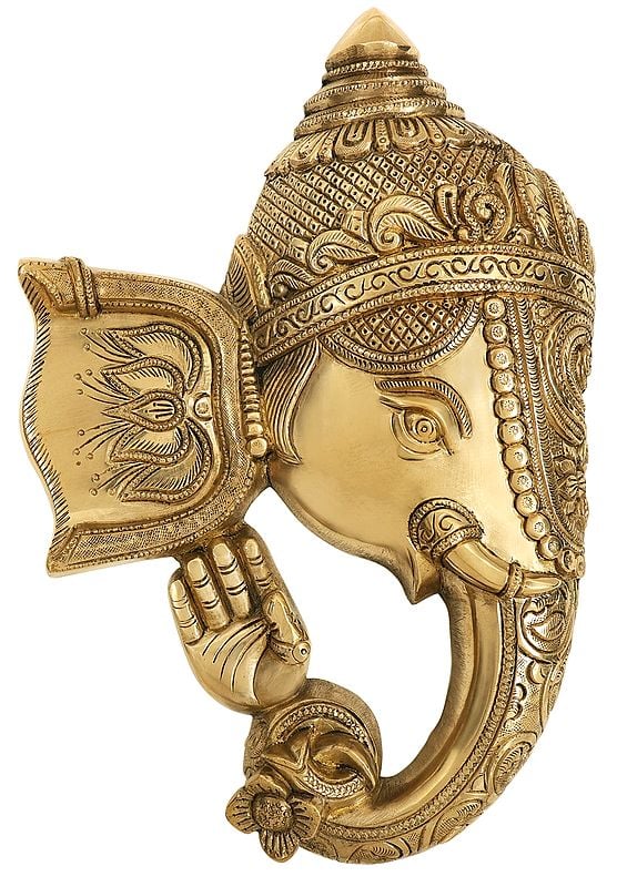 11" Blessing Ganesha Mask Wall Hanging In Brass | Handmade | Made In India