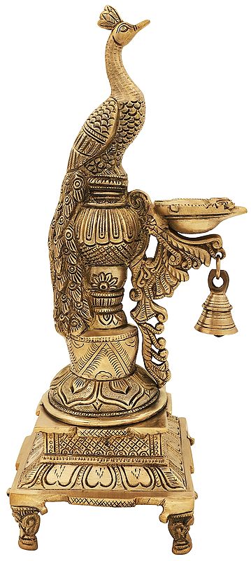 15" Beautiful Peacock Lamp with Bell In Brass | Handmade | Made In India