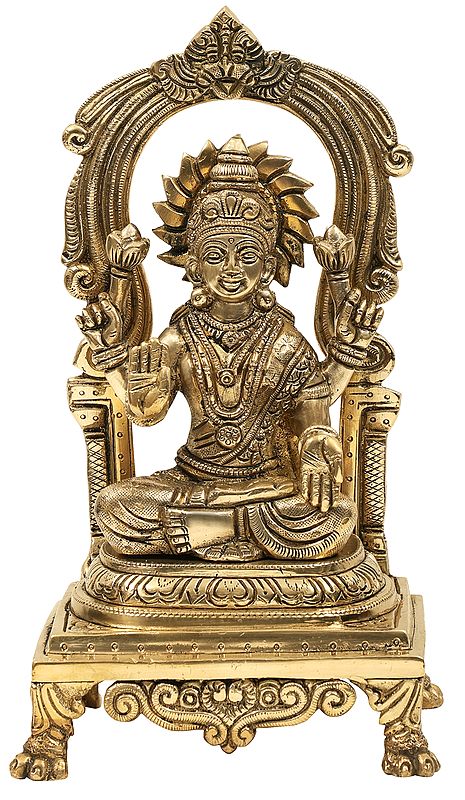 9" Goddess Lakshmi Seated On Kirtimukha Prabhawali Throne In Brass | Handmade | Made In India