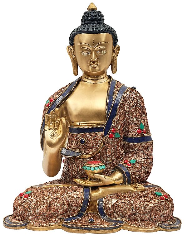 13" Gautam Buddha Preaching His Dharma With Inlay Work In Brass | Handmade | Made In India