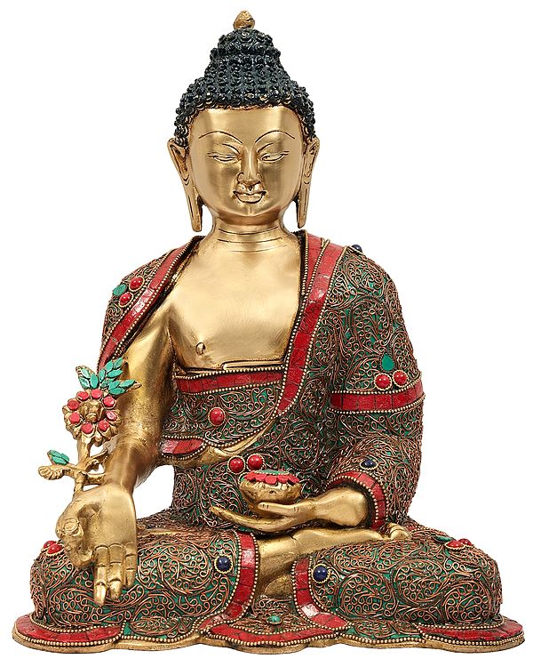 13" Tibetan Buddhist Medicine Buddha With Superfine Inlay  Work In Brass | Handmade | Made In India