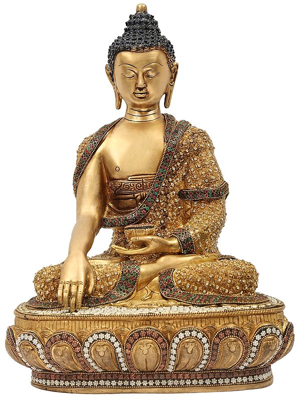 16" Lord Buddha in the Bhumisparsha Mudra With Inlay Stone Work In Brass | Handmade | Made In India