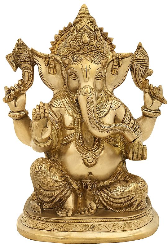 9" Four Armed Luxurious Ganesha In Brass | Handmade | Made In India